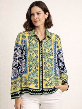 Rachel Zoe Paisley Floral Blouse Yellow Blue Button Front Size S